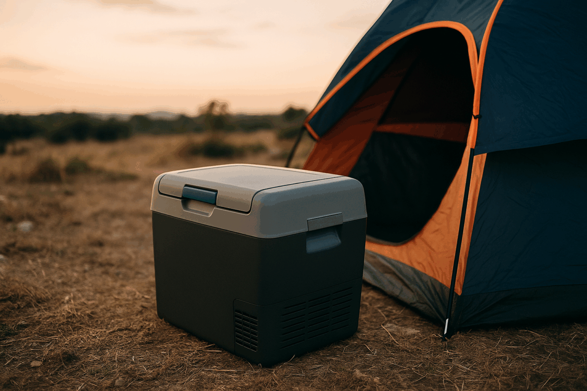 geladeira portátil para acampamento em uso em barraca ou área de camping